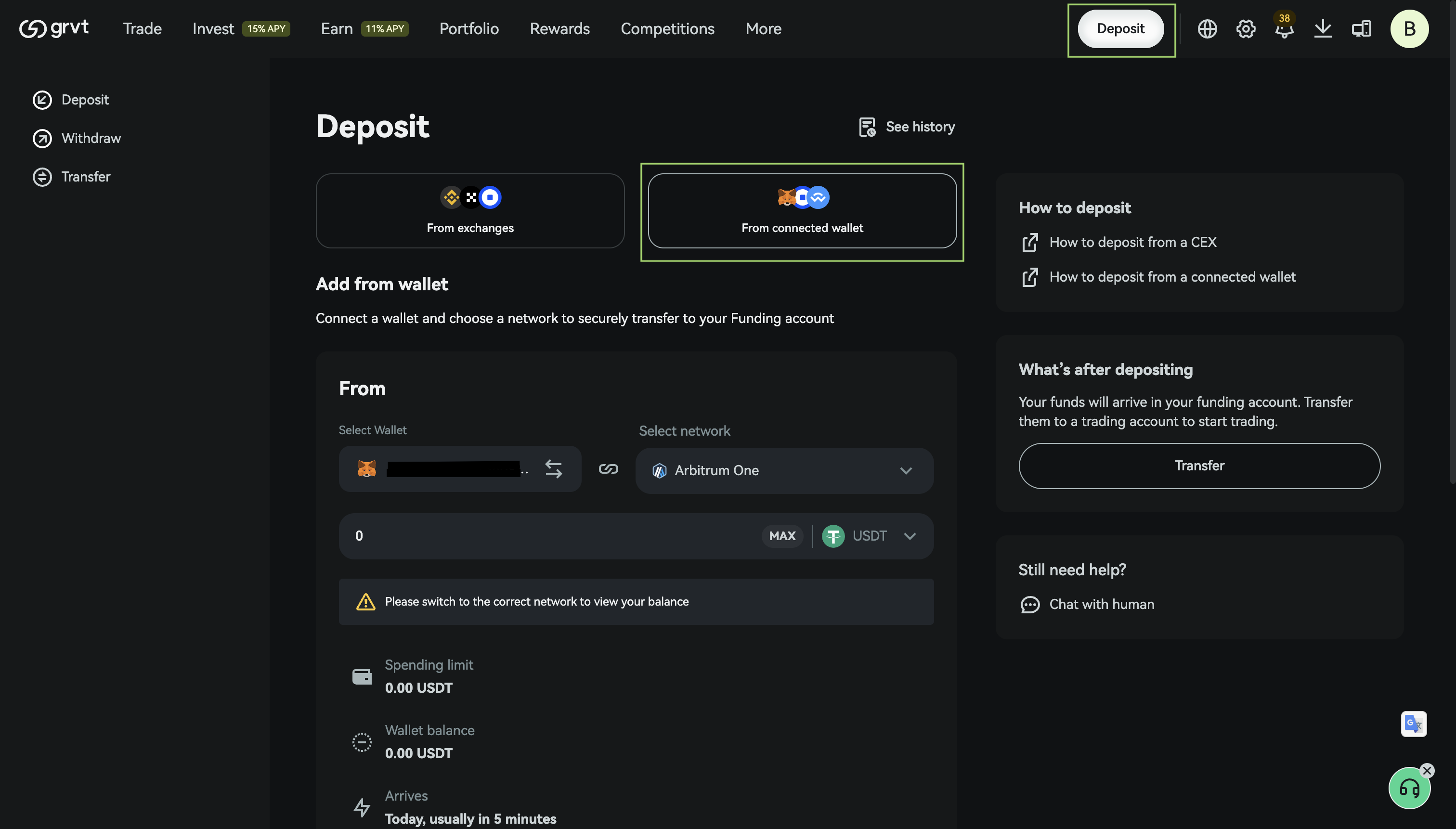 deposit from connected wallet